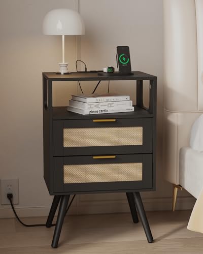 JOONEE Rattan Nightstand with Charging Station,Farmhouse Bedside Table with 2 Storage Drawer and Open Wood Shelf, for Bedroom and Small Spaces,Night Stand with Solid Wood Legs (Black-Outlet) - color: Black-outlet