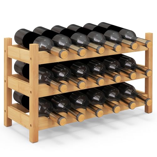 COSTWAY 3-Tier Bamboo Wine Rack, 18-Bottle Tabletop Wine Holder with Wave Slot, Freestanding Countertop Wine Bottle Organizer for Kitchen, Pantry, Pub & Wine Cellar, Natural (24.5L x 9.5W x 15H) - color: Natural, size: 24” x 9.5” x 15” (L x W x H)