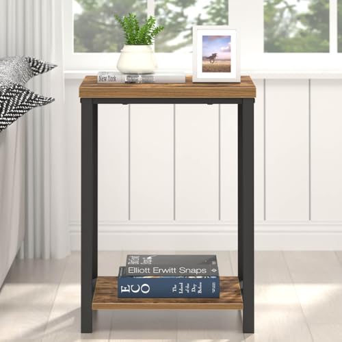 EXCEFUR End Table, Square Side Tables for Living Room, Industrial Metal and Wood Nightstand for Bedroom, Rustic Brown