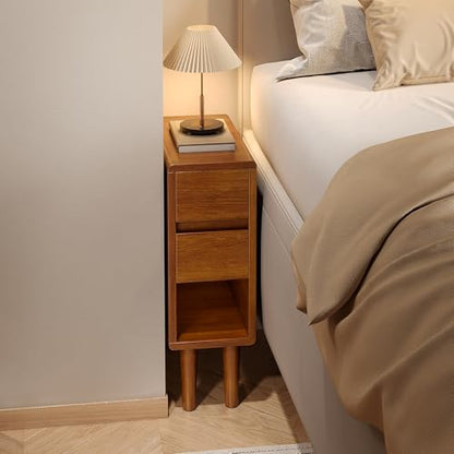 Narrow Nightstand 2 Drawers with Open Shelf Narrow Night Stand Solid Wood Bedside Table Mid Century Modern Nightstand Wooden End Table for Bedroom, Study, Office - color: Walnut-2d, size: 15.75''×8''×23.62''