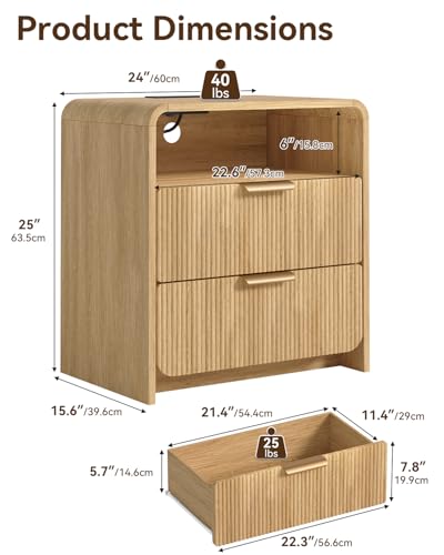 24" Fluted Nightstand with Charging Station, Bedside Table with Metal Handles, Night Stand with 2 Drawers and Open Shelf, End Table for Bedroom, Curved Profile, Natural Oak - color: Natural Oak-2 Drawers, size: 2 Drawers