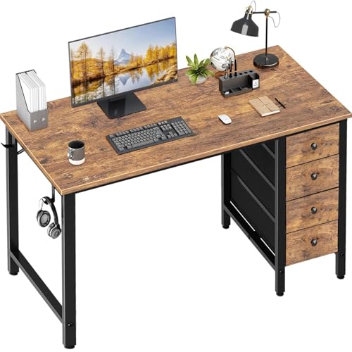 Lufeiya 40 inch Computer Desk with 4 Fabric Drawers, Kids Student Reversible Small Desks for Home Office Small Space, Work PC Desk Table for Bedroom, Rustic Brown - color: Rustic Brown, size: 39.4"