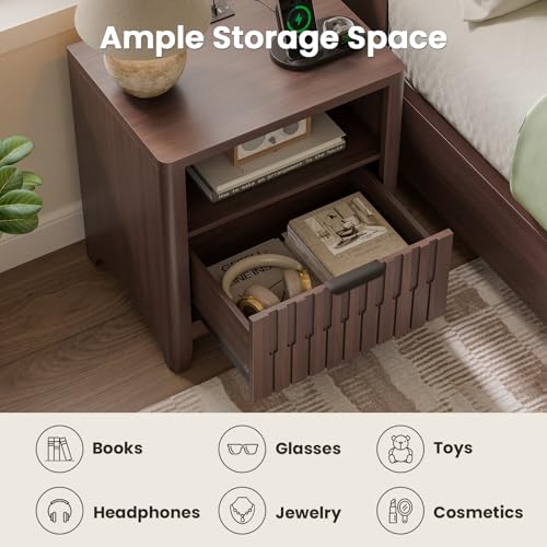 Fluted Nightstand with Charging Station, 21" Wide Modern Bedside Table with Storage Drawer, Wide Open Shelf & Curved Corner, Mid Century Night Stand End Side Table for Bedroom, Walnut