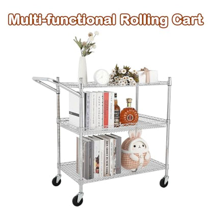 TrailBlaze Kitchen Utility Cart, 3-Tier Wire Rolling Utility Cart, Stainless Steel Service Cart w/Wheels and Adjustable Storage Rack Handle - for Laundry, Garage, Bathroom - Low Handle - size: 3-Tiers low handle