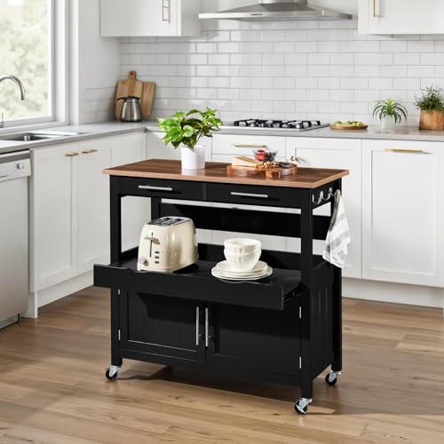 Best Choice Products 36in Large Rolling Kitchen Island Cart, 2-Door Cabinet, 2 Drawers, Pull-Out Shelf, Power Outlet, Hooks, & Swivel Lockable Wheels - Black - style: Black
