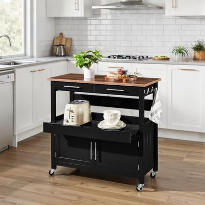 Best Choice Products 36in Large Rolling Kitchen Island Cart, 2-Door Cabinet, 2 Drawers, Pull-Out Shelf, Power Outlet, Hooks, & Swivel Lockable Wheels - Black - style: Black