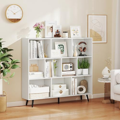 GIANTEX 10-Cube Bookcase, 3-Tier Modern Bookshelf with 5 Metal Legs, 47" Freestanding Open Storage Organizer with 2 Anti-tip Devices, Mid-Century Display Rack for Living Room (47" x 9.5" x 42") - size: 47" x 9.5" x 42"