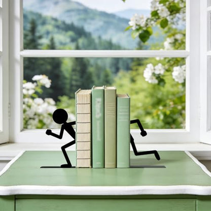 Metal Bookends Running People Book Ends for Shelves | Figurine Bookends Decorative Unique Desk Bookend Black Book Stopper for Home Reading Bookshelf Decor Book Lovers Gift - style: Running People