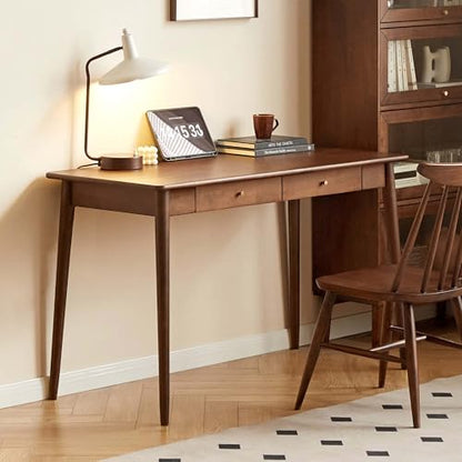 Computer Desk, Solid Wood Desk, Mid Century Modern Home Office, Writing Desk with Drawers for Study Bedroom Living Room - color: Walnut-rubberwood-5, size: 39"W