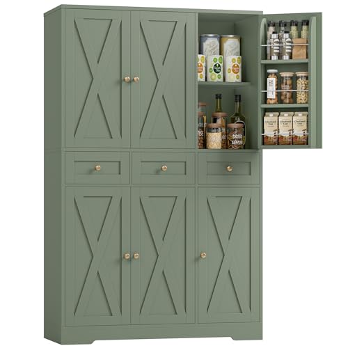 HOSTACK 67"H Farmhouse Kitchen Pantry Storage Cabinet with 3 Drawers, Green | Large Food Pantry Cabinet with Swing-Out Door Rack & Adjustable Shelf for Kitchen, Dining room, Living room - color: Green