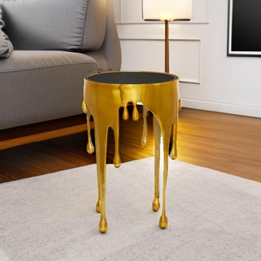 Deco 79 Aluminum Metal Abstract Melting Drip Accent Table with Melting Design and Shaded Glass Top, 16' x 16' x 25', Gold - color: Gold