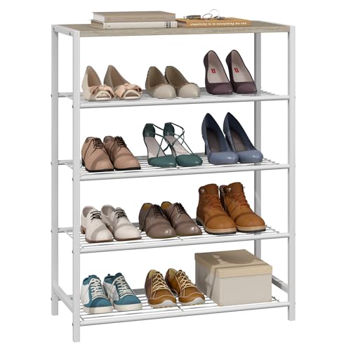 Yusong Shoe Rack Organizer, 5 Tier Industrial Shoe Storage Shelf, Narrow Sturdy Metal Shoe Shelves for Closet Entryway, White - color: White, size: 5 Tier