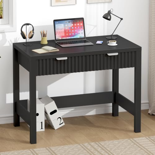 32 Inch Small Fluted Computer Desk with 2 Drawers for Bedroom, Home Office | Small Computer Desk with Drawers, Compact Writing Study Desk Storage for Small Spaces, Black - color: Black, size: 32-Inch Desk