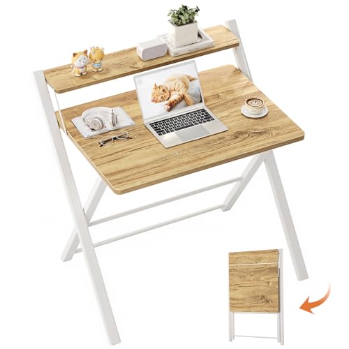 GreenForest Folding Desk No Assembly, Sturdy Computer Desk for Small Spaces | Portable Foldable Table for Laptop, 2-Tier Compact with Shelf, Space Saving for Home Office, Dorm, Apartment, 24.5"x 30" Oak - color: Oak, size: 24.5 x 30 inch