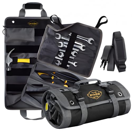 The Ryker Bag Black Pro Tool Roll – Heavy-Duty Canvas Roll-Up Tool Organizer w/detachable pouches for Bolts, Sockets & Small Power Tools for Electricians, Plumbers, HVAC Techs & DIY Professionals - style: Black PRO