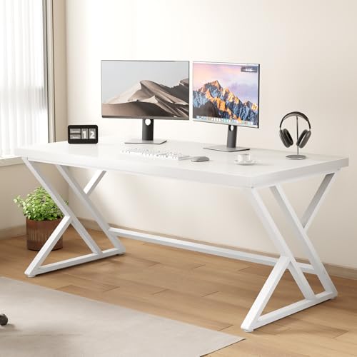 LVB White Computer Desk, Modern Wood Home Office Desk for PC Writing Work, Metal Wooden Executive Workstation Student Simple Desk, Computer Study Gaming Bedroom Table, 55 Inch, White Oak - color: White Oak, size: 55 inch