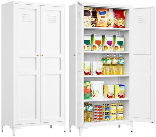 SISESOL Metal Storage Cabinet with Doors and Shelves,White Storage Cabinet with Leg & Vent Hole,Food Pantry Cabinets,5 Tier Metal Pantry,Tall Large Cupboard for Home,Kitchen,Dining/Living/Laundry Room - color: White, size: 61"H