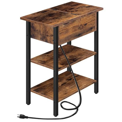 HOOBRO End Table with Charging Station, Narrow Side Table, Flip Top Nightstand with USB Ports and Outlets, Bedside Tables with Shelf for Small Spaces, Living Room, Rustic Brown BF341BZ01 - color: Rustic Brown + Black