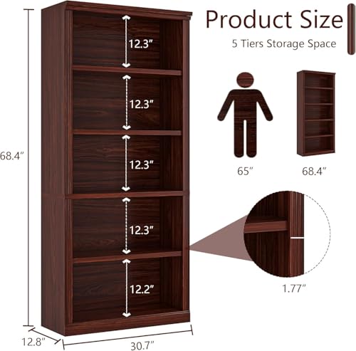 5- Shelf Bookcase, Wood Book Shelf with Bookshelves | Zhiseek Tall Bookshelf, 30.7"W x 12.8"D x 68.4"H, Cherry, Living Room, Library, Office - color: Cherry, size: 5-Tier