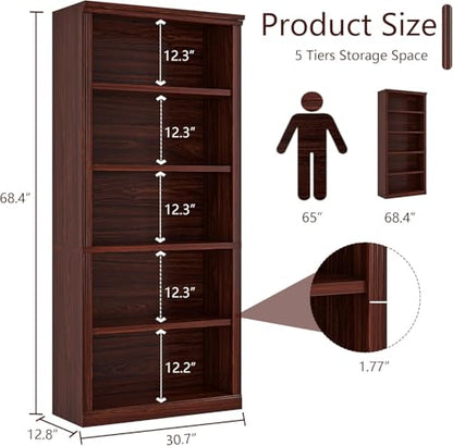 5- Shelf Bookcase, Wood Book Shelf with Bookshelves | Zhiseek Tall Bookshelf, 30.7"W x 12.8"D x 68.4"H, Cherry, Living Room, Library, Office - color: Cherry, size: 5-Tier