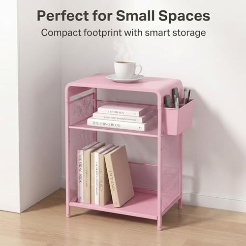 ECOLOVI 3 Tier Printer Stand for Under Desk, Height Adjustable Shelf Small Printer Table with 3 S-Hooks & Basket, Heavy Duty Industrial Storage Shelf for Home Office (Pink) - color: Pink