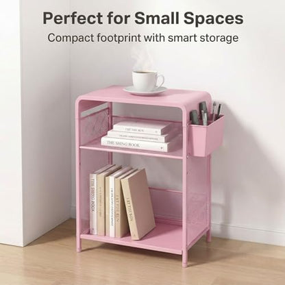 ECOLOVI 3 Tier Printer Stand for Under Desk, Height Adjustable Shelf Small Printer Table with 3 S-Hooks & Basket, Heavy Duty Industrial Storage Shelf for Home Office (Pink) - color: Pink