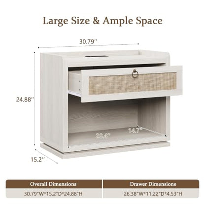 31" Wide Rattan Nightstand with Charging Station, End Side Table | Drawer & Open Shelf, Extra Large Night Stand, Farmhouse, Boho, Wood Bedside Table for Bedroom,Living Room,Office - color: White Cream Oak