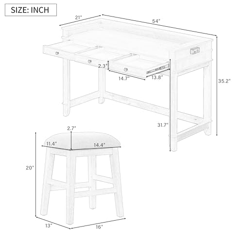 4-piece Dining Bar Table Set with 3 Upholstered Stools, Rubber Wood Counter Height Multifunctional Dining Table with 3 Drawers and USB Port, Side Table with Footrest Pub Kitchen Set (Grey-N2) - color: Grey-n2
