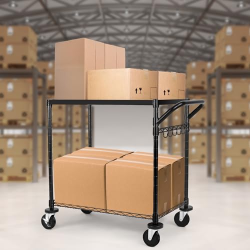 WDT 680Lbs Capacity Heavy Duty Rolling Utility Cart,2 Tier Rolling Carts with Wheels,Commercial Grade Metal Cart with Handle Bar & Shelf Liner,Trolley Serving Cart for Restaurant,Kitchen,Black - color: Black 2 Tier