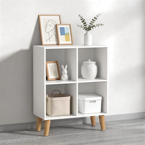 4 Wooden Cube Storage Organizer with Legs,Two Tier Cube Bookcase Freestanding Storage Organizer Open Shelf Short Bookshelf for Bedroom, Living Room, Home Office (4 Cube,White) - color: White, size: 4 Cube