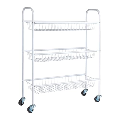 Household Essentials 3-Tier Slim Storage Cart, Heavy-Duty Steel Frame, Smooth Casters with Locks, Powder Coat Finish, Arched Handles, Easy to Assemble, Modern, Compact, White - color: White