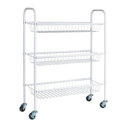 Household Essentials 3-Tier Slim Storage Cart, Heavy-Duty Steel Frame, Smooth Casters with Locks, Powder Coat Finish, Arched Handles, Easy to Assemble, Modern, Compact, White - color: White