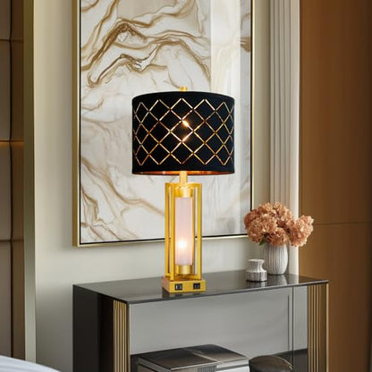 Set of 2 Modern Table Lamps for Living Room Bedroom with USB C+A | Rustic Nightstand Lamps with White Night Light, Black Grid Shade, Desk Lamps for Bedside End Tables, 4 Bulbs Included (Gold) - color: Gold