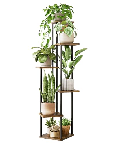 GENTINGBRO Corner Plant Stand Indoor 6 Tiered Plant Shelf for Multiple Plants Tall Plant Stand Shelf Wood Plant Stands Metal Shelving for Living Room Bedroom Balcony Brown Oak - color: Brown Oak, size: 6 Tier New