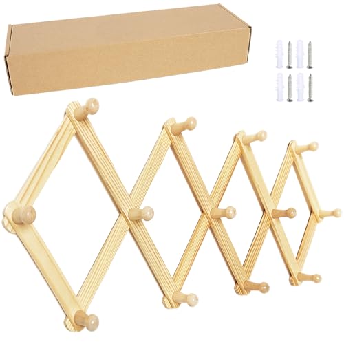 AMAPON Accordion Style Expandable Wall Wooden Coat Rack 13 Hooks (Pegs) Hang Hats Jackets Coffee Mug Purses Necklaces Towels Cap Leash Scarves Data Line Kitchenware (2 Packs) - color: Natural Large Size, size: 2 Pack