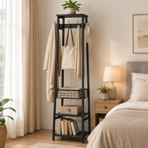 Coat Rack Freestanding, Coat Stand with Metal Basket and Storage Shelves, Hall Tree Free Standing with and 7 Hooks, Clothes Rack Stand Organizer, Black - color: Black, style: 2 Shelves + 1 Basket