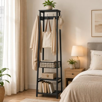 Coat Rack Freestanding, Coat Stand with Metal Basket and Storage Shelves, Hall Tree Free Standing with and 7 Hooks, Clothes Rack Stand Organizer, Black - color: Black, style: 2 Shelves + 1 Basket