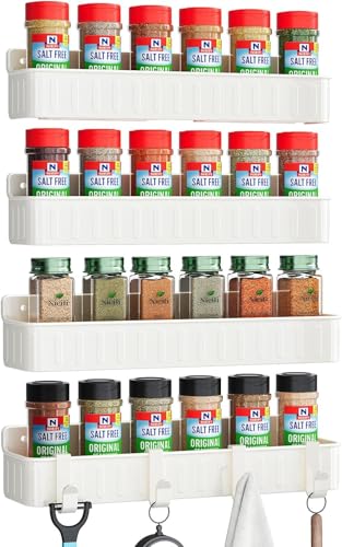 Nieifi Spice Rack Wall Mount, Spice Organizer for Spice Jars, Screw or Adhesive Hanging Organizer for Kitchen Cabinet or Pantry Door, 4 Pack, White, ABS Plastic - color: White