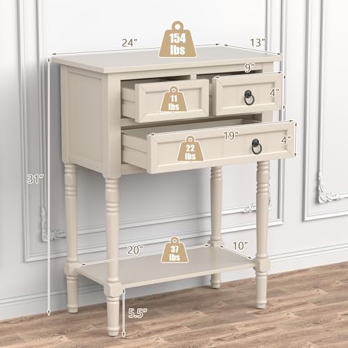 Giantex Entryway Table with Storage, Rustic Small Console Table w/ 3 Drawers & Open Bottom Shelf, Skinny Wood Console Table, Narrow Sofa Side Table for Living Room, Foyer, Hallway, Entry Table, Beige - color: Beige