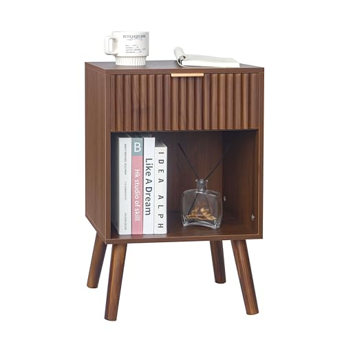 Fultyle Walnut Nightstand, Modern Night Stand with Fluted Drawer and Open Storage, Wooden Bedside Table with Solid Wood Legs for Bedroom, Living Room, Office (Walnut Brown) - color: Walnut Brown
