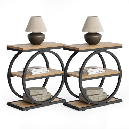 LITTLE TREE End Table Set 2, Side Table with 3-Tier Storage Shelves, Small Sofa Side Table for Living Room, Wooden Side End Table with Double Round Metal Legs, Slim Nightstand and Bedside Table, Oak - color: Oak