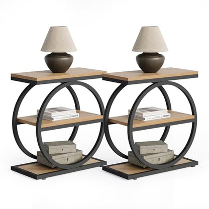 LITTLE TREE End Table Set 2, Side Table with 3-Tier Storage Shelves, Small Sofa Side Table for Living Room, Wooden Side End Table with Double Round Metal Legs, Slim Nightstand and Bedside Table, Oak - color: Oak