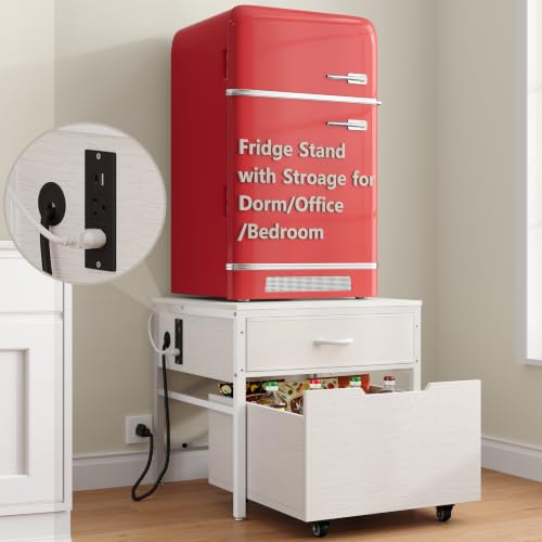 MAJALiS Mini Fridge Riser Stand Table Cabinet Shelf with Storage Space | Beverage Station To Go Over Small Refrigerator With Power Outlet, Metal Minifridge Organizer For Dorm, Office, College - color: White-with Power Outlet