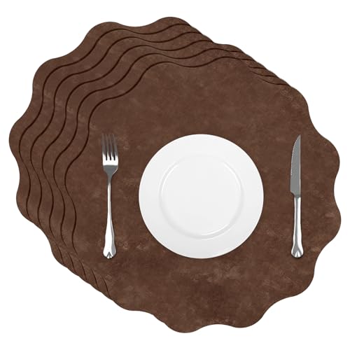 comfoyar Faux Leather Flower Shaped Placemats Set of 6, 13.5 Inch Heat Resistant Dual-Sided Dark Brown Imitation Velvet Place Mats, Waterproof Wipeable Table Mats for Kitchen Dining Party Decoration - color: Dark Brown, size: 13.5x13.5 Inch