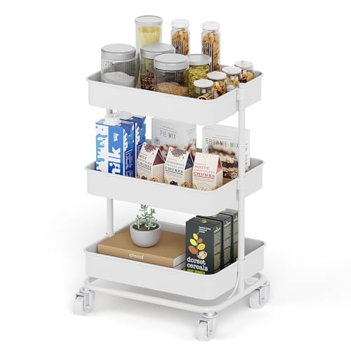 3-Tier Modern Metal Rolling Utility Cart with Silent Casters, 15.35x11.81x23.74 inch Heavy Duty Organizing Cart Trolley Organizer for Office, Living Room, Kitchen，(White) - color: White, size: 15.35×11.81×23.74 inch