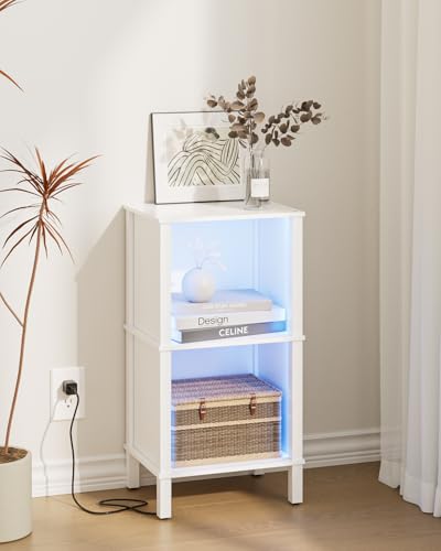 Bookshelf with LED Lights, Modern 2-Tier Bookcase, Open Storage Book Shelf, 11 × 14.2 × 27.4 Inches, Small Narrow Bookshelves for Living Room, Home Office, Bedroom, White - color: White With Lights, size: 2-Tier