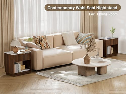 Fluted Nightstand, Night Stand Set 2, 23" Wide Walnut Nightstands Set of 2 with Charging Station & Faux Marble Top, Large Modern End Table with Drawer, Bedside Table for Bedroom Living Room - color: Walnut + Faux Marble Top, size: 1 Drawer（23"W）
