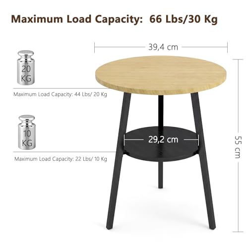 Small Round Side Table, End Tables Living Room, Oak | 2-Tier Side Table with Storage Shelf for Small Spaces, Bedside Accent Table for Living Room, Bedroom, Metal Frame & Wood Top - color: Oak