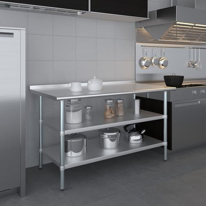 AmGood Stainless Steel Work Table with 1.5" Backsplash and 2 Shelves | Metal Kitchen Food Prep Table | NSF (60" Long x 30" Deep) - size: 60" Long x 30" Deep