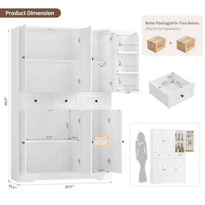 HOSTACK 67"H Farmhouse Kitchen Pantry Storage Cabinet with 3 Drawers, White | Large Food Pantry Cabinet with Swing-Out Door Rack & Adjustable Shelf for Kitchen, Dining room, Living room - color: White